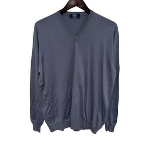 FEDELI Men's 140's Superfine Wool V Neck Sweater Blue Italy Made 54 (22.5 x 28)